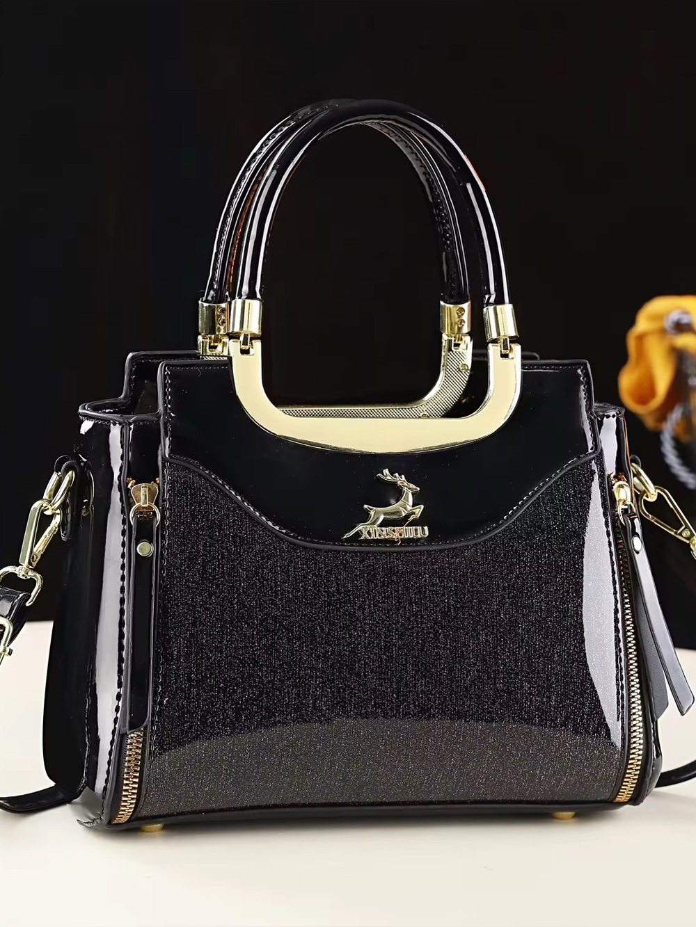 Elegant Black Patent Satchel with Gold Hardware